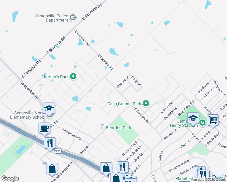 map of restaurants, bars, coffee shops, grocery stores, and more near 1629-1641 East Farmers Road in Seagoville