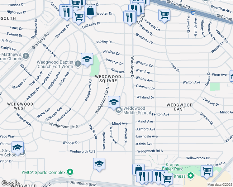 map of restaurants, bars, coffee shops, grocery stores, and more near 5641 Wonder Drive in Fort Worth