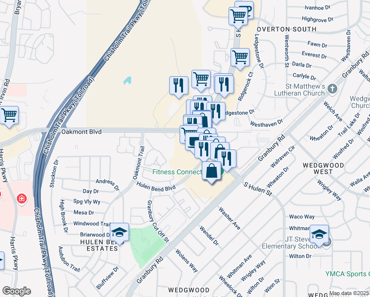 map of restaurants, bars, coffee shops, grocery stores, and more near 6218 Hulen Bend Blvd in Fort Worth