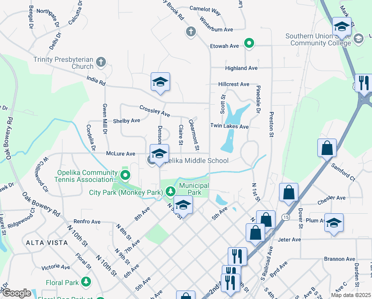 map of restaurants, bars, coffee shops, grocery stores, and more near 537-599 Mclure Ave in Opelika