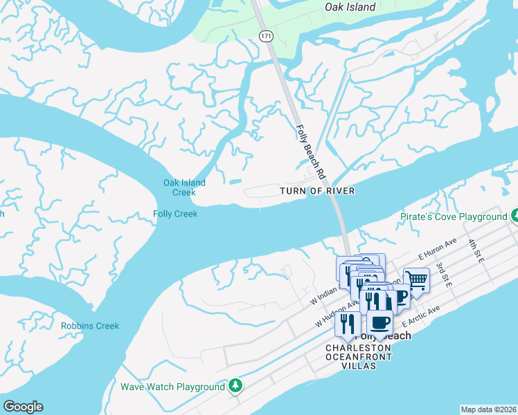 map of restaurants, bars, coffee shops, grocery stores, and more near 2 McDonough Road in Folly Beach