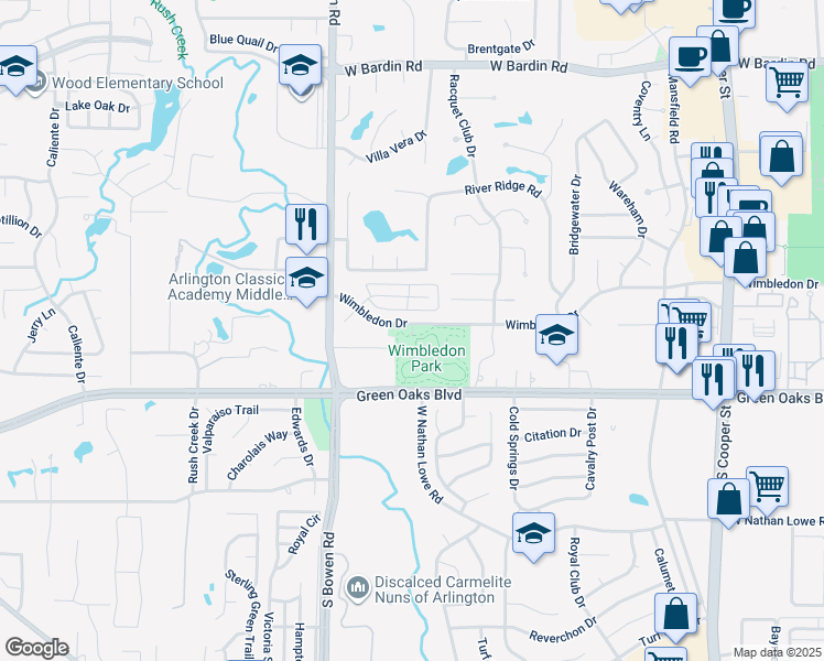 map of restaurants, bars, coffee shops, grocery stores, and more near Wingfield Drive in Arlington