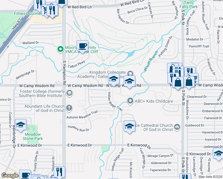 map of restaurants, bars, coffee shops, grocery stores, and more near 7126 Indian Ridge Trail in Dallas