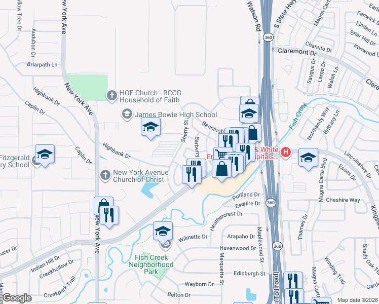 map of restaurants, bars, coffee shops, grocery stores, and more near 5306 Pocassett Drive in Arlington