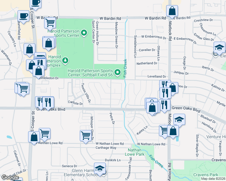 map of restaurants, bars, coffee shops, grocery stores, and more near 914 Rio Vista Lane in Arlington