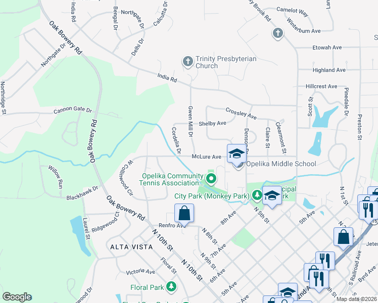 map of restaurants, bars, coffee shops, grocery stores, and more near 901-903 Mclure Avenue in Opelika