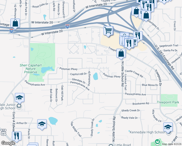 map of restaurants, bars, coffee shops, grocery stores, and more near 5211 Vicksburg Drive in Arlington