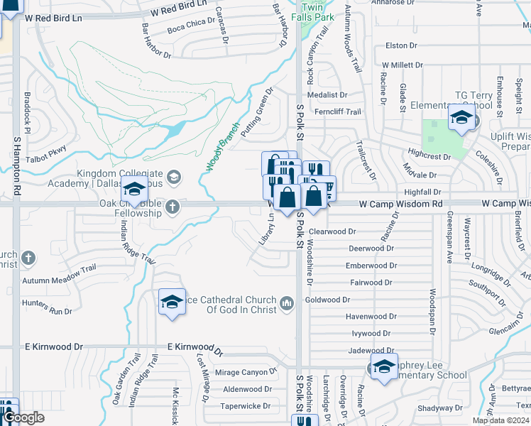 map of restaurants, bars, coffee shops, grocery stores, and more near 7151 Library Lane in Dallas