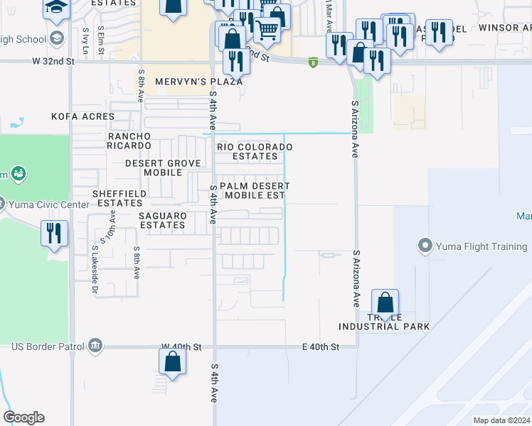map of restaurants, bars, coffee shops, grocery stores, and more near 3649 South 4th Avenue in Yuma