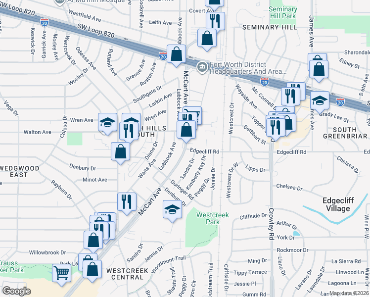 map of restaurants, bars, coffee shops, grocery stores, and more near 2599 Edgecliff Road in Fort Worth