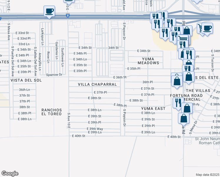 map of restaurants, bars, coffee shops, grocery stores, and more near 10421 36th Place in Yuma