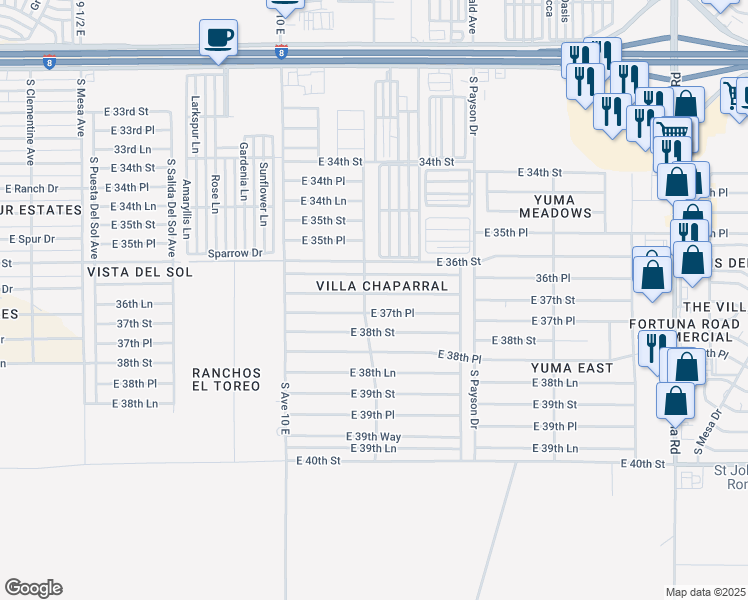 map of restaurants, bars, coffee shops, grocery stores, and more near 10295 East 37th Street in Yuma