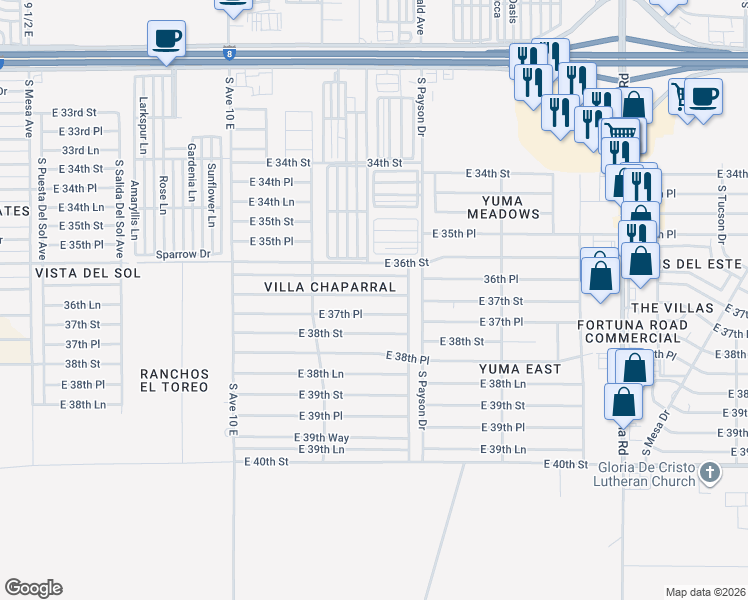 map of restaurants, bars, coffee shops, grocery stores, and more near 10421 36th Place in Yuma
