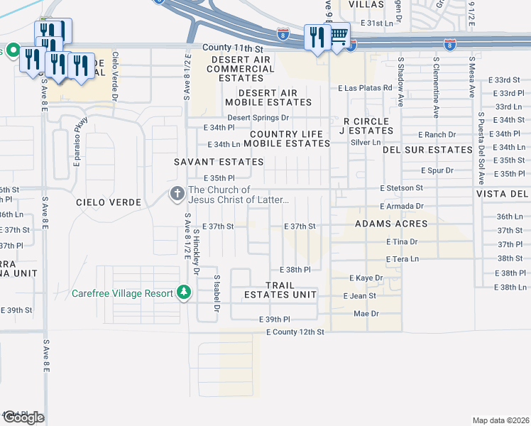 map of restaurants, bars, coffee shops, grocery stores, and more near 11400 S Organ Pipe Ln in Yuma