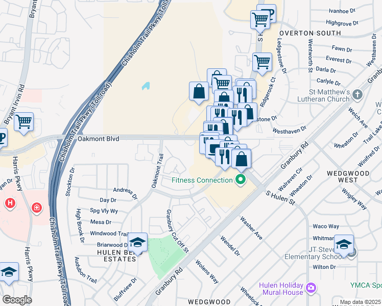 map of restaurants, bars, coffee shops, grocery stores, and more near 6251 Oakmont Boulevard in Fort Worth