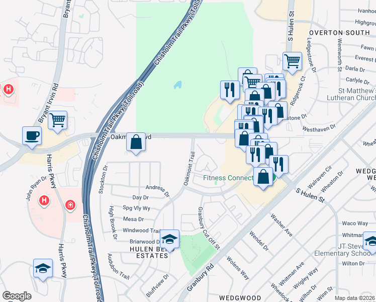 map of restaurants, bars, coffee shops, grocery stores, and more near 6504 Arbor Lane in Fort Worth