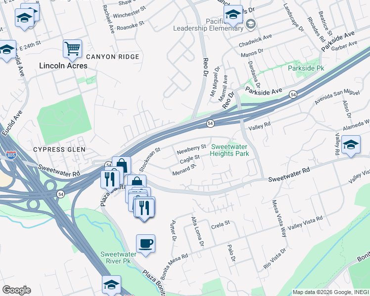 map of restaurants, bars, coffee shops, grocery stores, and more near 3421 Newberry Street in National City