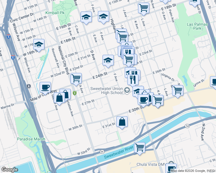 map of restaurants, bars, coffee shops, grocery stores, and more near 2 East 26th Street in National City