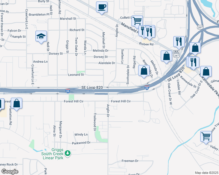 map of restaurants, bars, coffee shops, grocery stores, and more near 6606 Anglin Drive in Forest Hill