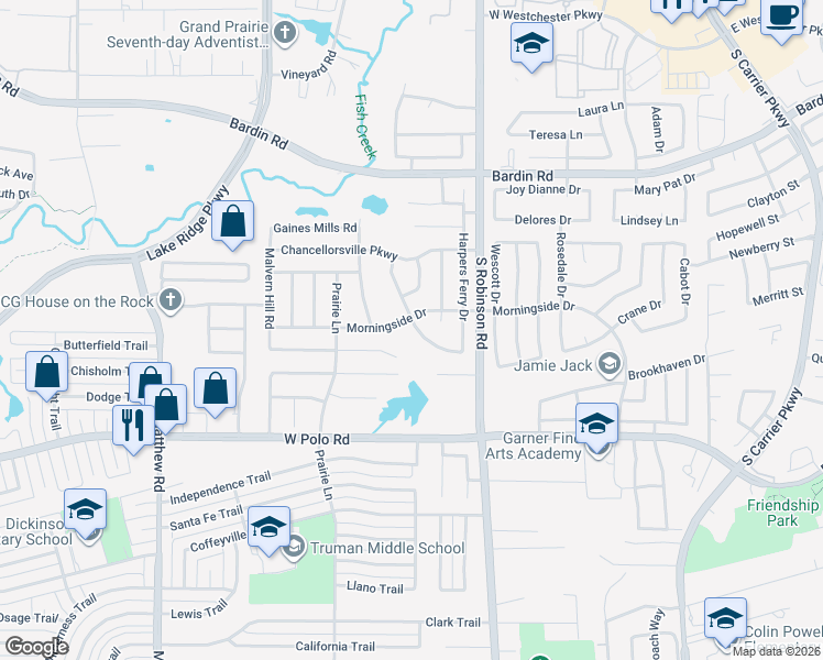 map of restaurants, bars, coffee shops, grocery stores, and more near 4477 Stones River Road in Grand Prairie