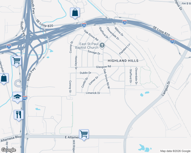 map of restaurants, bars, coffee shops, grocery stores, and more near 1213 Dublin Drive in Fort Worth