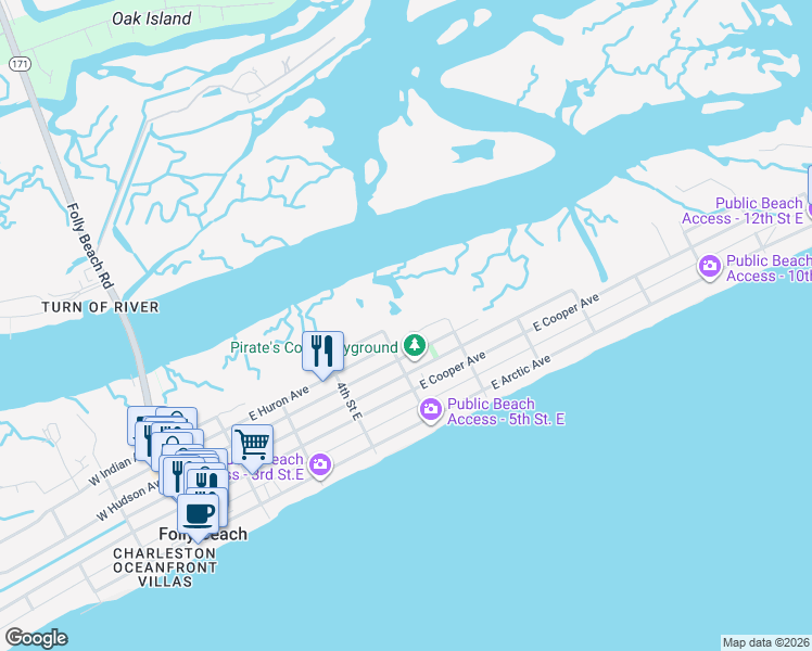 map of restaurants, bars, coffee shops, grocery stores, and more near 516 East Huron Avenue in Folly Beach