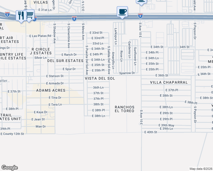map of restaurants, bars, coffee shops, grocery stores, and more near 9652 East 36th Place in Yuma