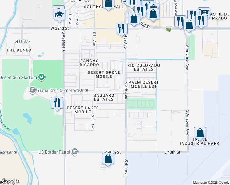 map of restaurants, bars, coffee shops, grocery stores, and more near 492 West Rainbow Lane in Yuma