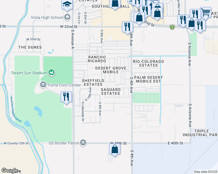 map of restaurants, bars, coffee shops, grocery stores, and more near 641 West Queens Court in Yuma