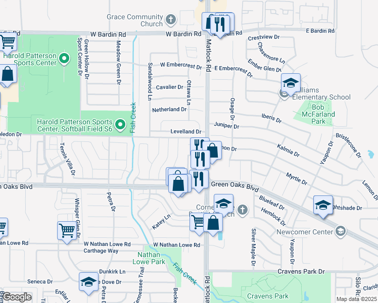 map of restaurants, bars, coffee shops, grocery stores, and more near 719 Cornfield Drive in Arlington