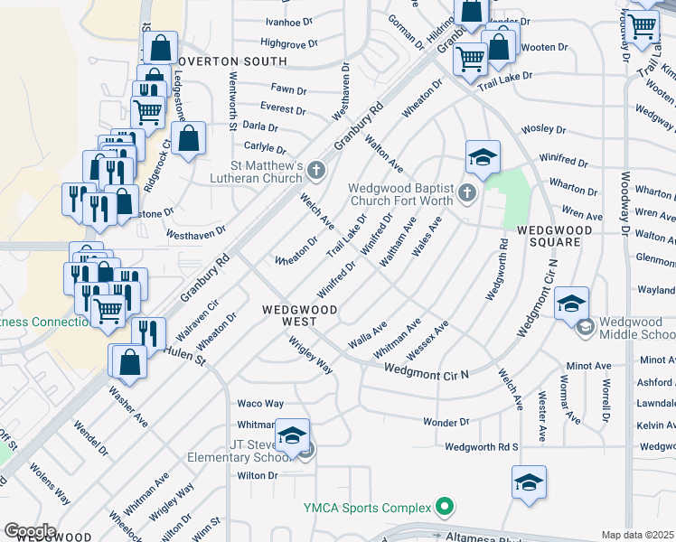 map of restaurants, bars, coffee shops, grocery stores, and more near 5816 Winifred Drive in Fort Worth