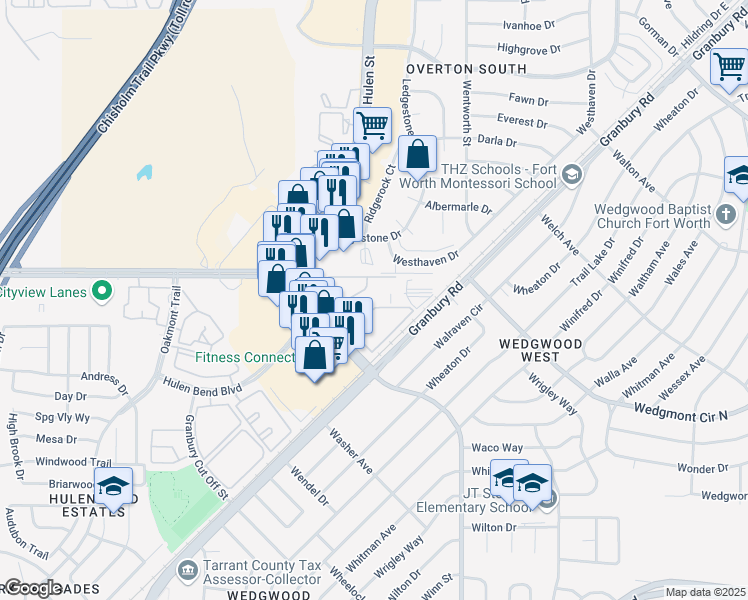 map of restaurants, bars, coffee shops, grocery stores, and more near 6049 South Hulen Street in Fort Worth