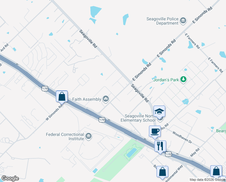 map of restaurants, bars, coffee shops, grocery stores, and more near 410 Hopkins Avenue in Seagoville