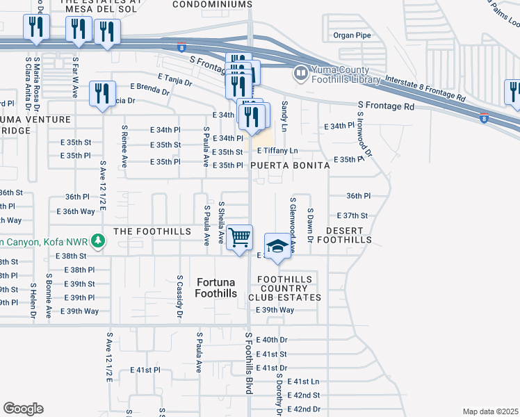 map of restaurants, bars, coffee shops, grocery stores, and more near 11591 South Foothills Boulevard in Yuma