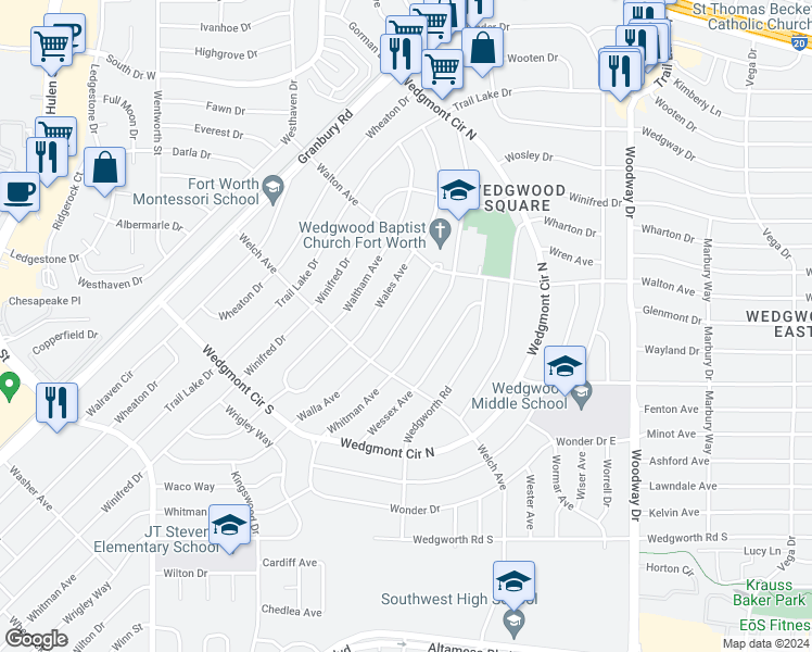 map of restaurants, bars, coffee shops, grocery stores, and more near 5709 Walla Avenue in Fort Worth