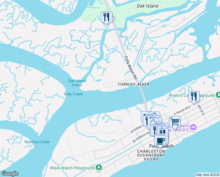 map of restaurants, bars, coffee shops, grocery stores, and more near 122 West Mariners Cay Drive in Folly Beach