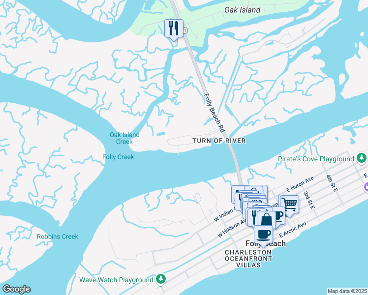 map of restaurants, bars, coffee shops, grocery stores, and more near 1 West Mariners Cay Drive in Folly Beach
