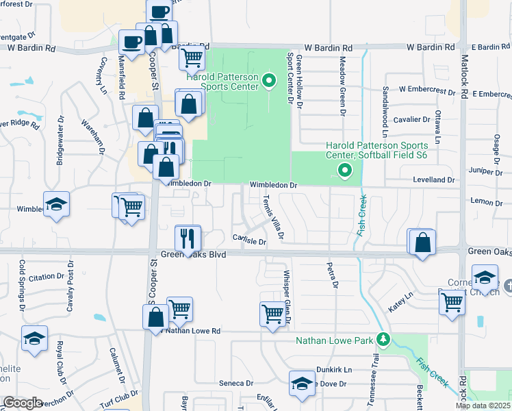 map of restaurants, bars, coffee shops, grocery stores, and more near 1008 Via Oro Street in Arlington