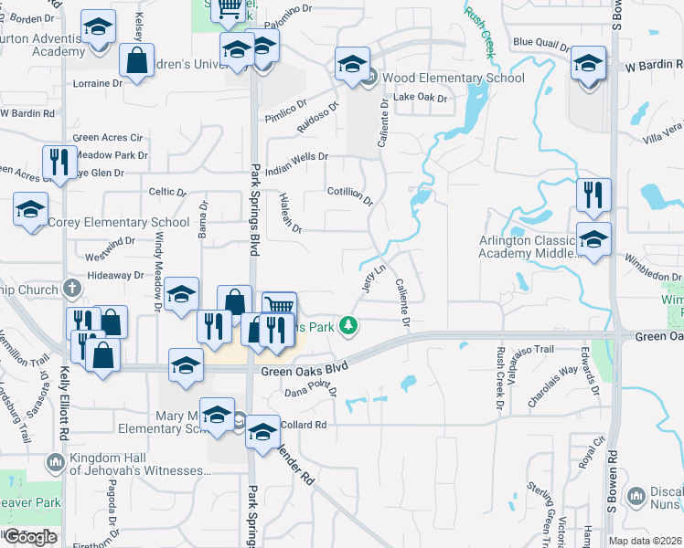 map of restaurants, bars, coffee shops, grocery stores, and more near 5203 Commander Court in Arlington