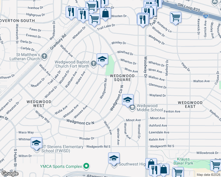map of restaurants, bars, coffee shops, grocery stores, and more near 5613 Wharton Drive in Fort Worth