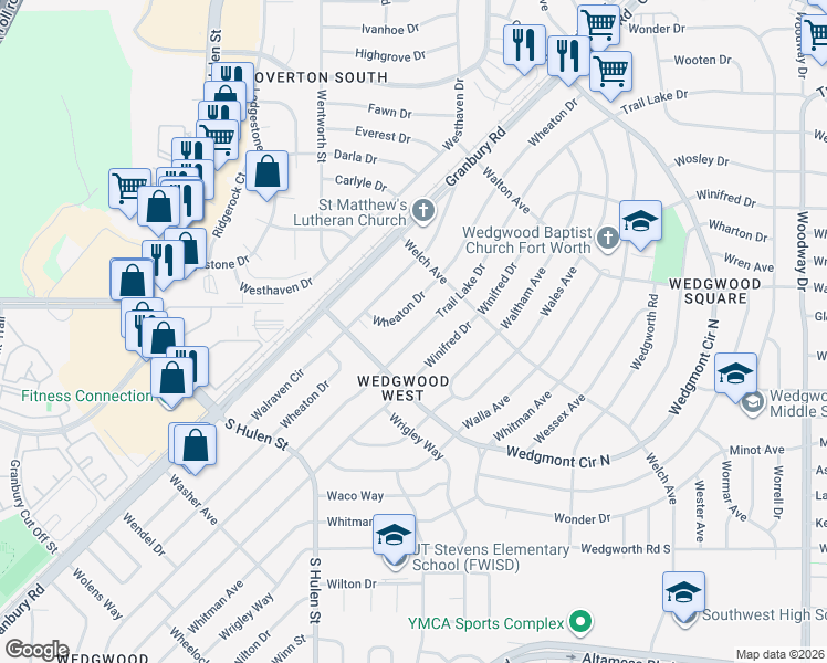 map of restaurants, bars, coffee shops, grocery stores, and more near 5825 Wheaton Drive in Fort Worth