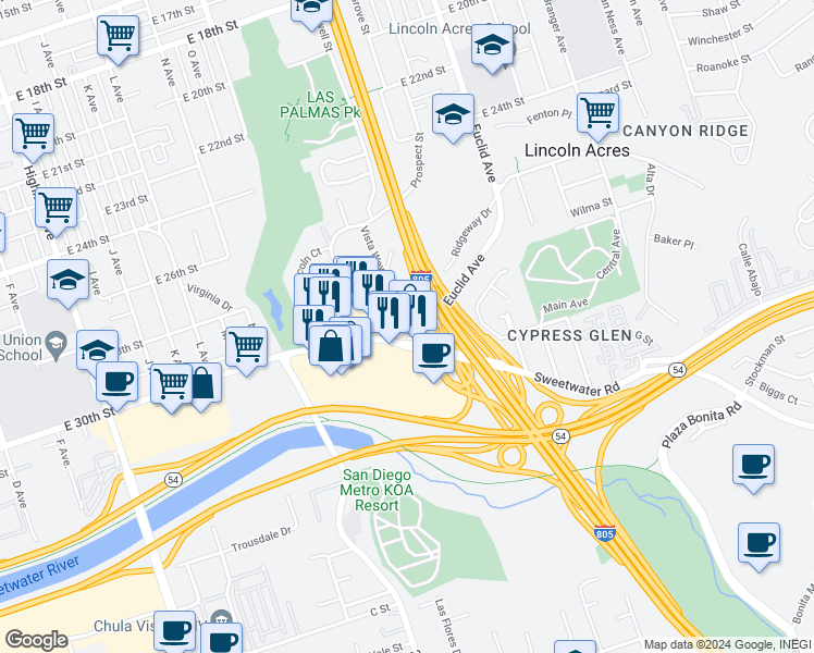 map of restaurants, bars, coffee shops, grocery stores, and more near 2931 Prospect Street in National City