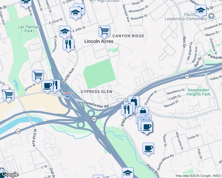 map of restaurants, bars, coffee shops, grocery stores, and more near 2 E Street in National City