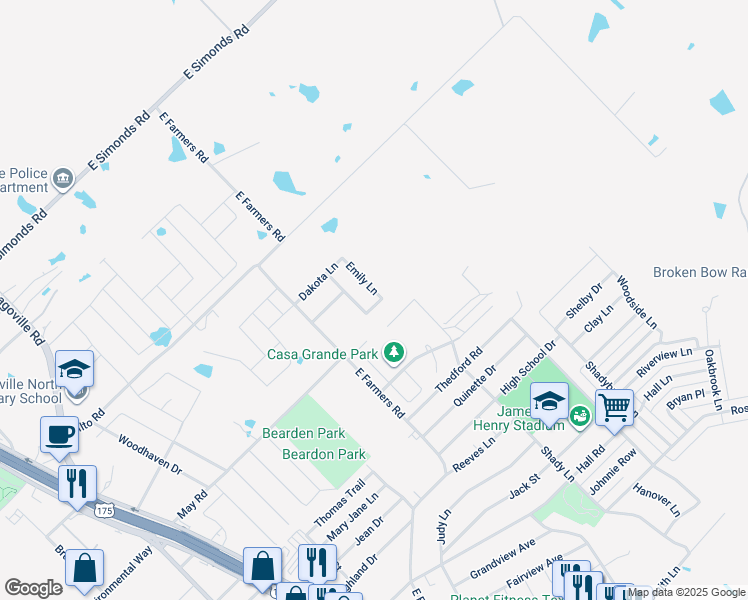 map of restaurants, bars, coffee shops, grocery stores, and more near 1611 Emily Lane in Seagoville