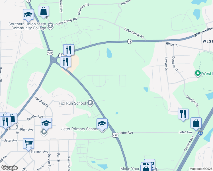 map of restaurants, bars, coffee shops, grocery stores, and more near 1181-1373 Fox Run Parkway in Opelika