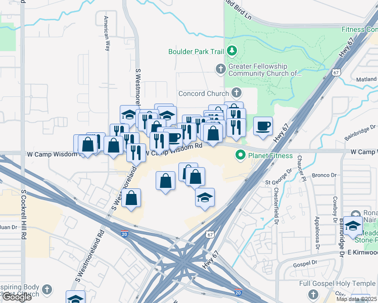 map of restaurants, bars, coffee shops, grocery stores, and more near 3502 West Camp Wisdom Road in Dallas