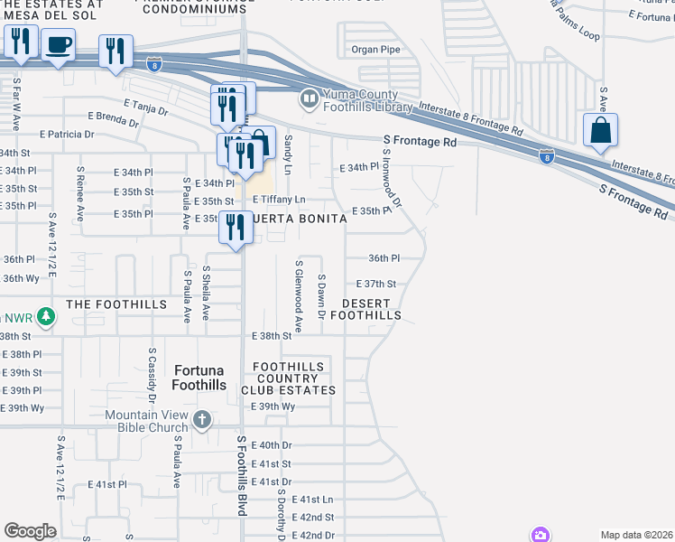 map of restaurants, bars, coffee shops, grocery stores, and more near 11542 South El Camino Del Diablo in Yuma