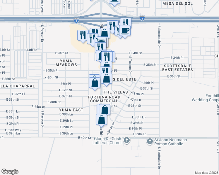map of restaurants, bars, coffee shops, grocery stores, and more near 11230 East 37th Street in Yuma