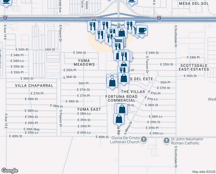 map of restaurants, bars, coffee shops, grocery stores, and more near 11538-11554 South Avenue 11 East in Yuma
