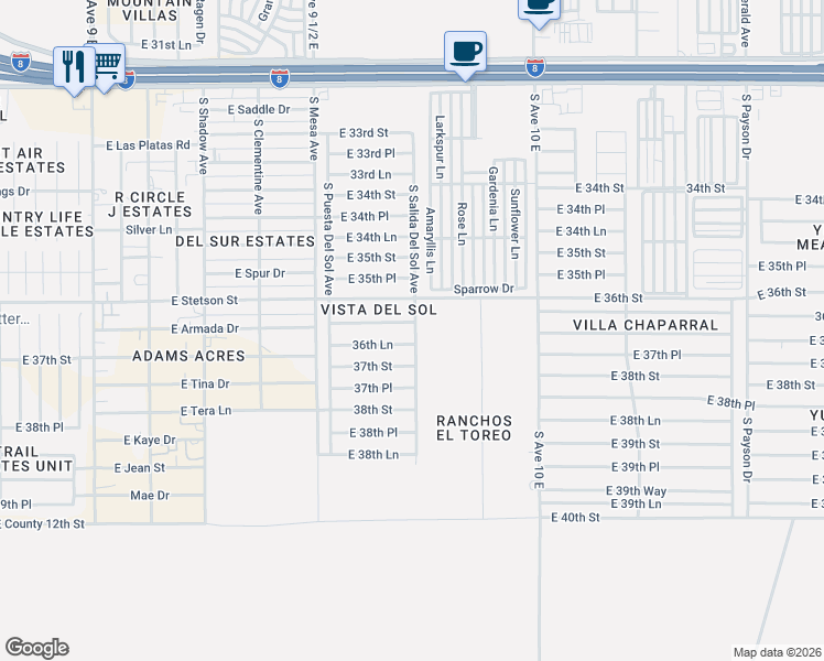 map of restaurants, bars, coffee shops, grocery stores, and more near 9652 East 36th Place in Yuma